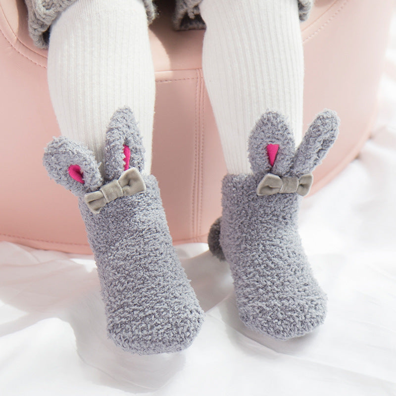 Winter Coral Fleece Baby Girls Socks, Newborn Soft Cute Rabbit Baby Socks