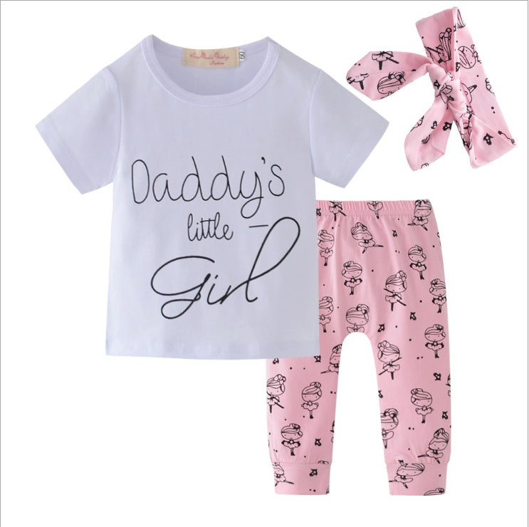 Daddy's Little Girl T-shirt Cartoon Pants Headband Toddler Outfits Set