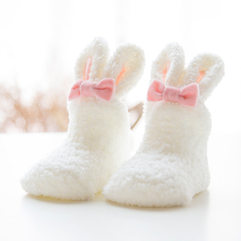 Winter Coral Fleece Baby Girls Socks, Newborn Soft Cute Rabbit Baby Socks