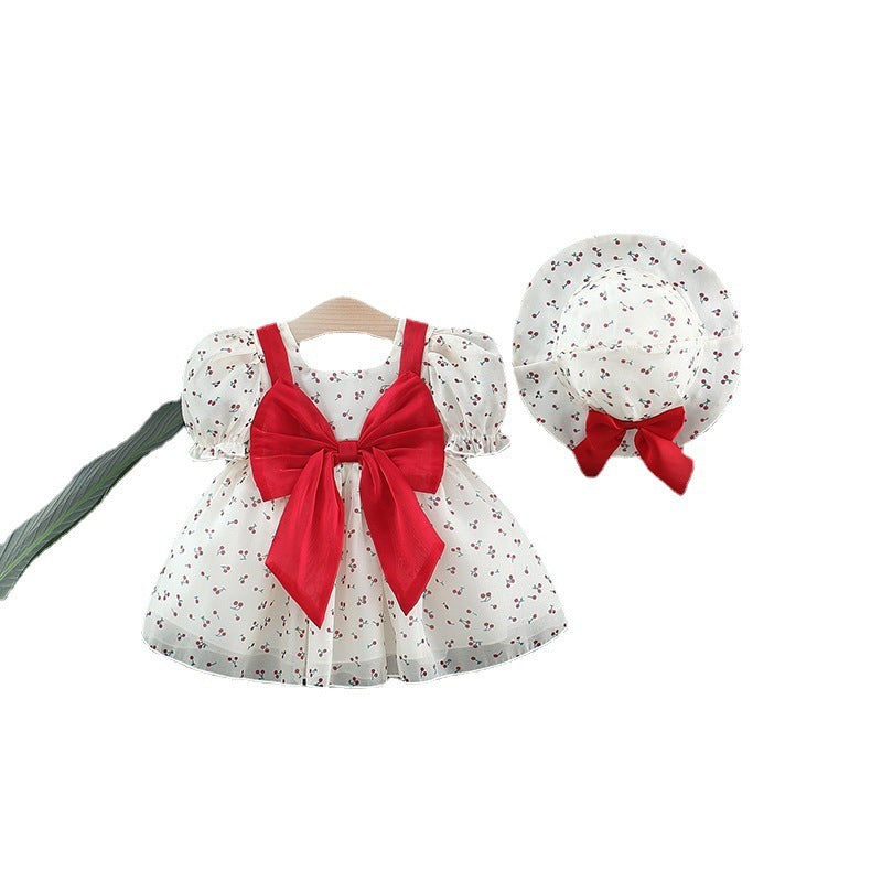 Baby Girl Cherry Princess Dress, Puff Sleeve Bow