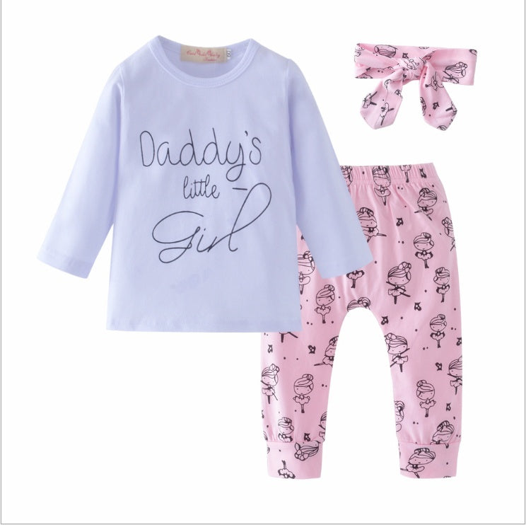 Daddy's Little Girl T-shirt Cartoon Pants Headband Toddler Outfits Set