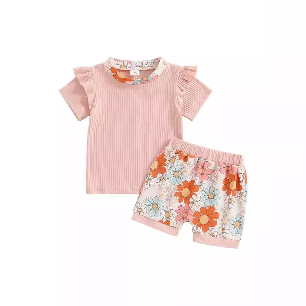 Girls' Flower Printed Short-sleeved Suit