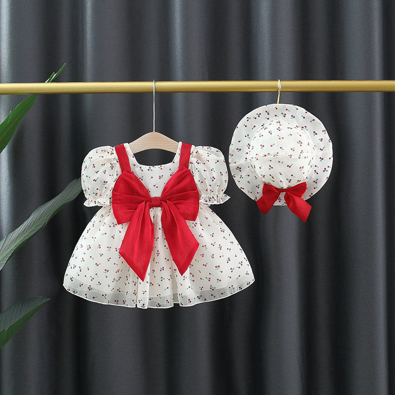 Baby Girl Cherry Princess Dress, Puff Sleeve Bow