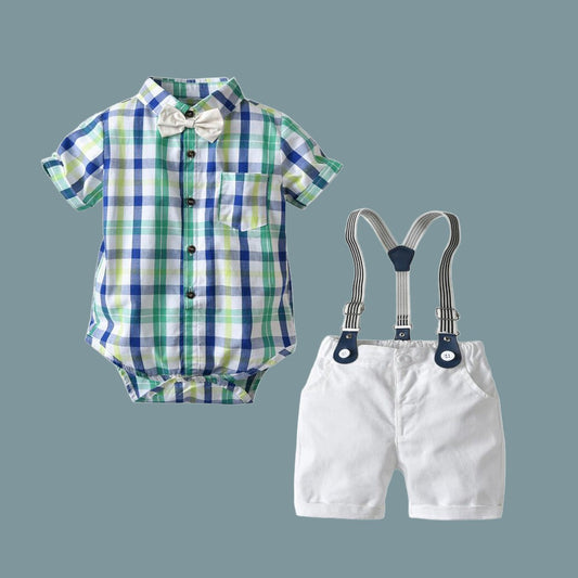 Summer Boys Gentleman Dress Short Sleeve Bodysuit Bib Shorts Set