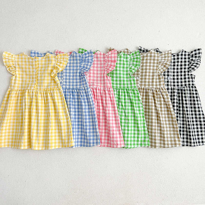 Girls' Plaid Dress Flounced Sleeve Cute Princess Dress