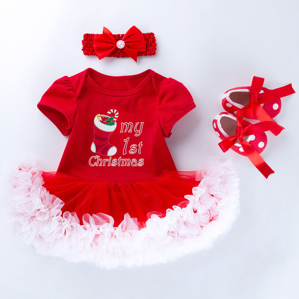 Baby Christmas Short-sleeved Cartoon Mesh Dress