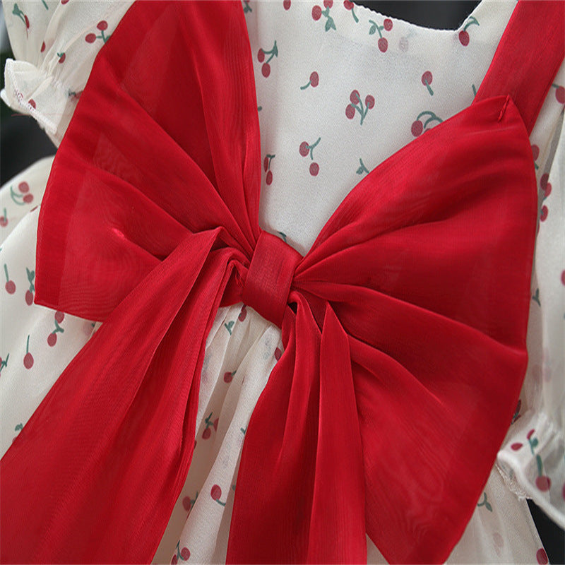 Baby Girl Cherry Princess Dress, Puff Sleeve Bow