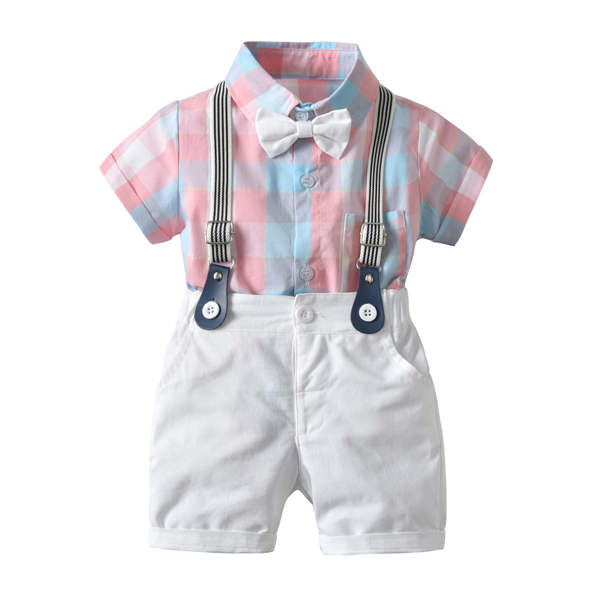 Summer Boys Gentleman Dress Short Sleeve Bodysuit Bib Shorts Set