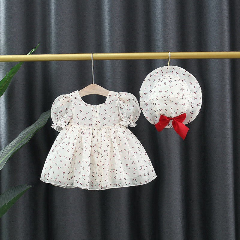 Baby Girl Cherry Princess Dress, Puff Sleeve Bow